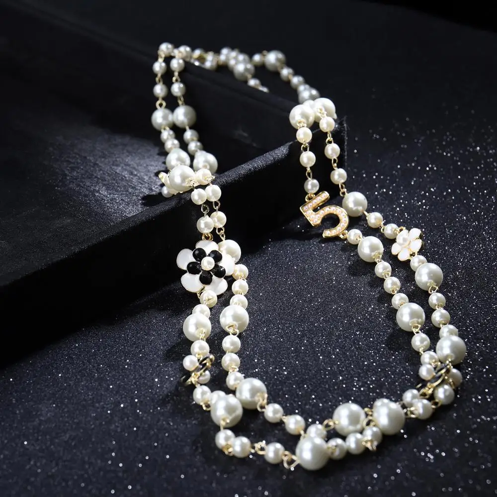 Long Simulated Pearl Necklace For Women No.5 Double Layer Pendant Long CC Necklace Sweater Chain Party Camellia Nacklace