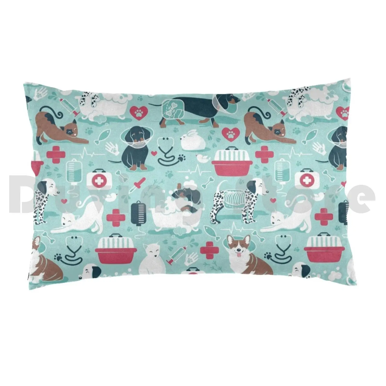 Pillow?case Veterinary Medicine , Happy And Healthy Friends / / Aqua Background Red Details