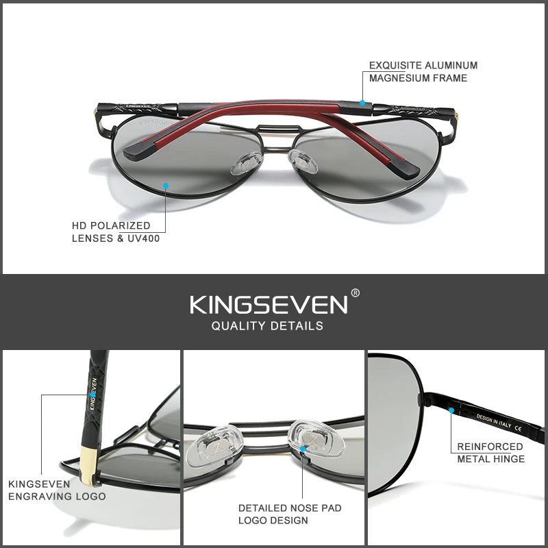 KINGSEVEN Men Vintage Photochromic  Aluminum Polarized Sunglasses Brand Sun glasses Coating Lens Driving Eyewear For Men/Women