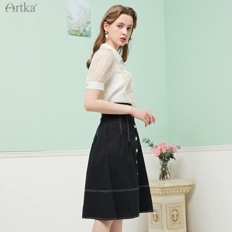 ARTKA 2021 Summer New Women Skirt Fashion High Waist Single-breasted A-Line Skirts Female Midi Black Denim Skirt QA22112X