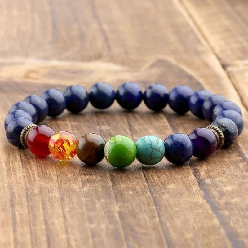 

Natural Lapis Lazuli Stone 7 Chakra Bracelets & Bangles Yoga Balance Bead Buddha Prayer Elastic Bracelet Men pulseira Drop Ship