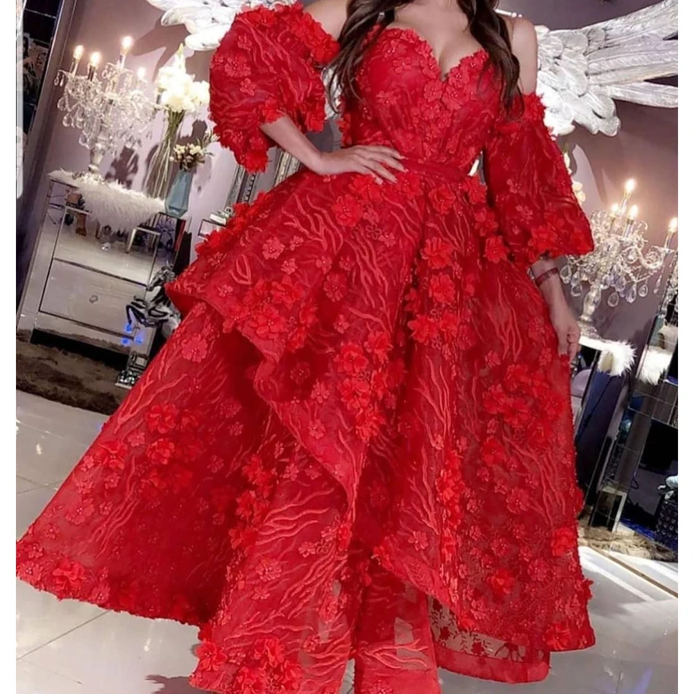 Vestidos vermelhos de baile de 2020, vestidos de festa, artesanais, flores, feito à mão, manga longa, vestidos de noite