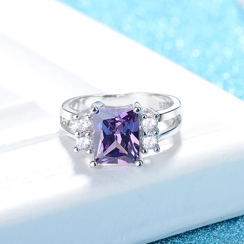 Fashion Rings 925 Silver Jewelry Rectangle Amethyst Zircon Gemstone Finger Ring for Women Wedding Engagement Party Ornaments