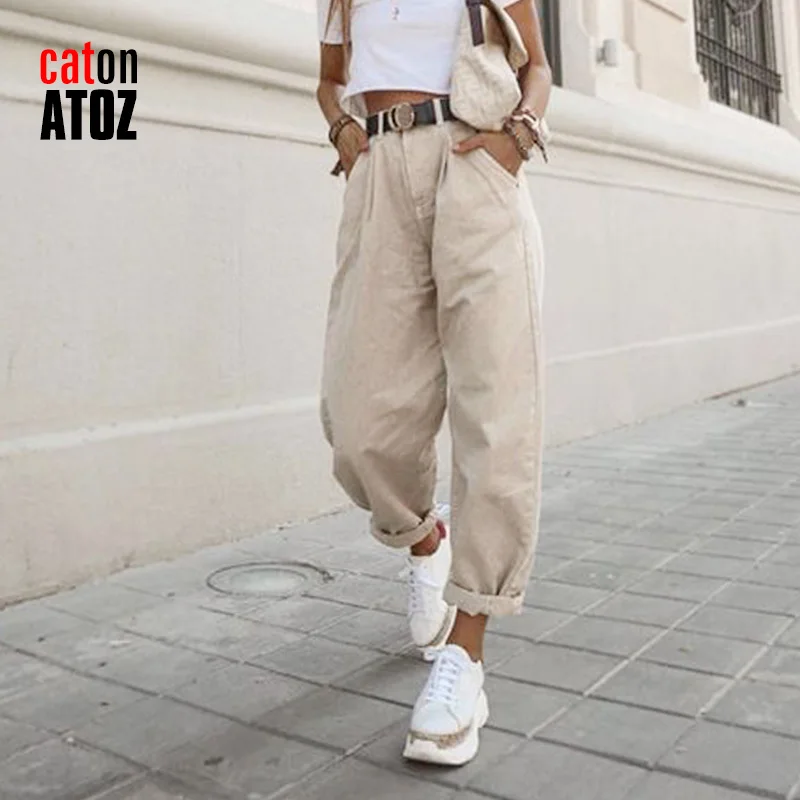 catonATOZ 2248 Y2K Khaki Women\'s Cargo Pants High Waist Loose Trousers Female Casual Streetwear baggy Jeans