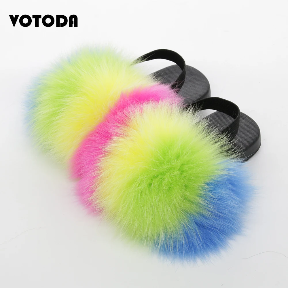 Summer Children Fur Slippers Kids Fox Fur Indoor Slides Baby Elastic Strap Flat Flip Flop Furry Fluffy Sandal Casual Beach Shoes