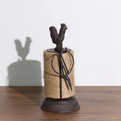Antique Rustic Big Rooster Cast Iron Hemp Rope Roll Holder With Scissors Figurines European Home Garden Decor Animal Statues