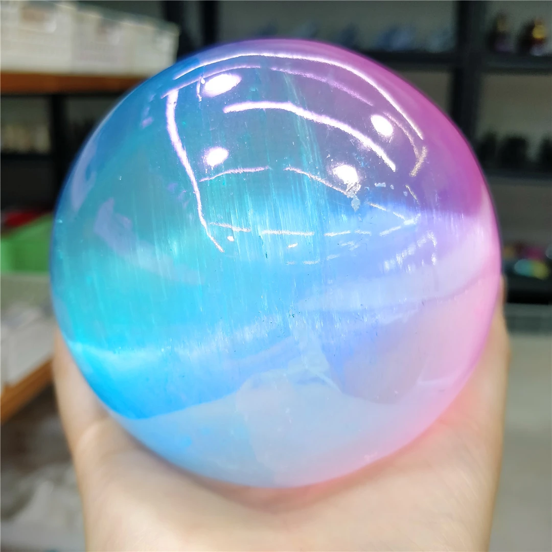 1KG Natural Pink Blue Electroplated Selenite Quartz Cat Eye Sphere Gypsum Mineral Crystal Ball Desk Furnishings Reiki Decoration