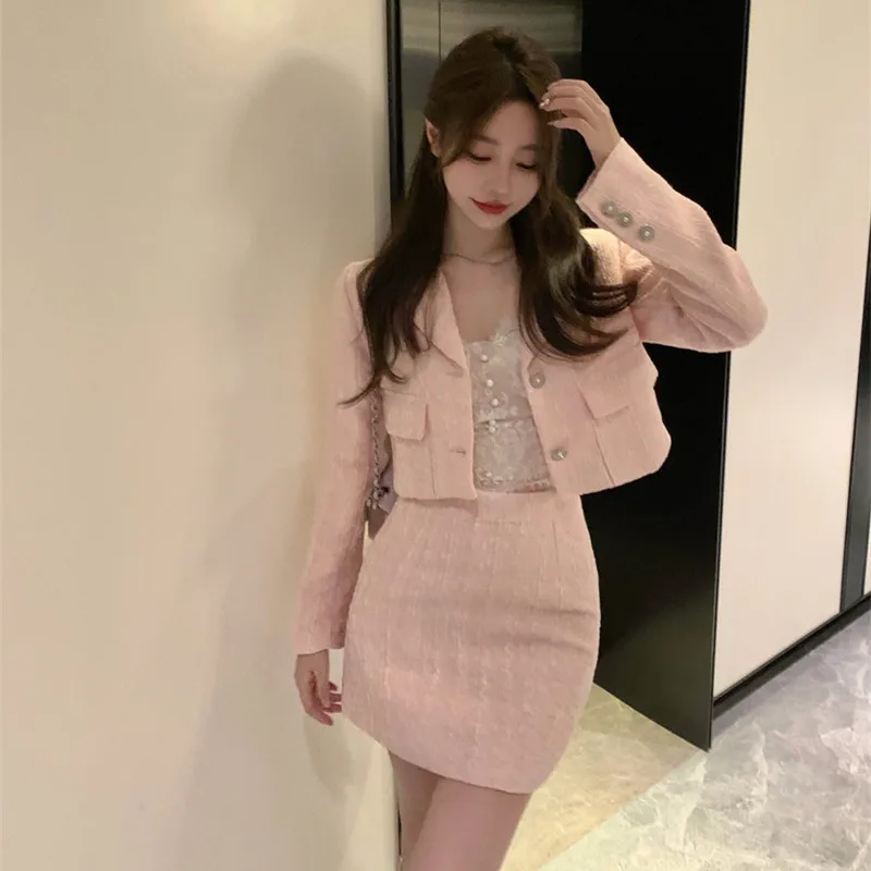 Autumn Small Fragrance Vintage Tweed 2 Piece Set Winter Women Woolen Short Jacket Coat + A-Line Mini Skirts Sets Sweet Pink Suit