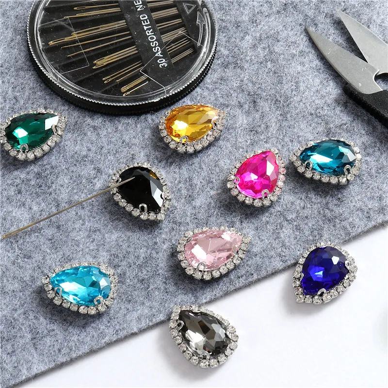 Glitter Sewing Crystals Teardrop Glass Sew On Rhinestones With Silver Bottom Flatback Stones For Clothes Shoes Diy