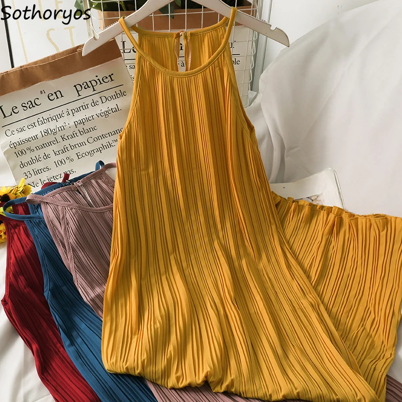 Sukienka damska lato Retro prosta szykowna luźna plisowana sukienka z odkrytymi ramionami damska sukienka letnia Midi modna bez rękawów Vestidos codzienna