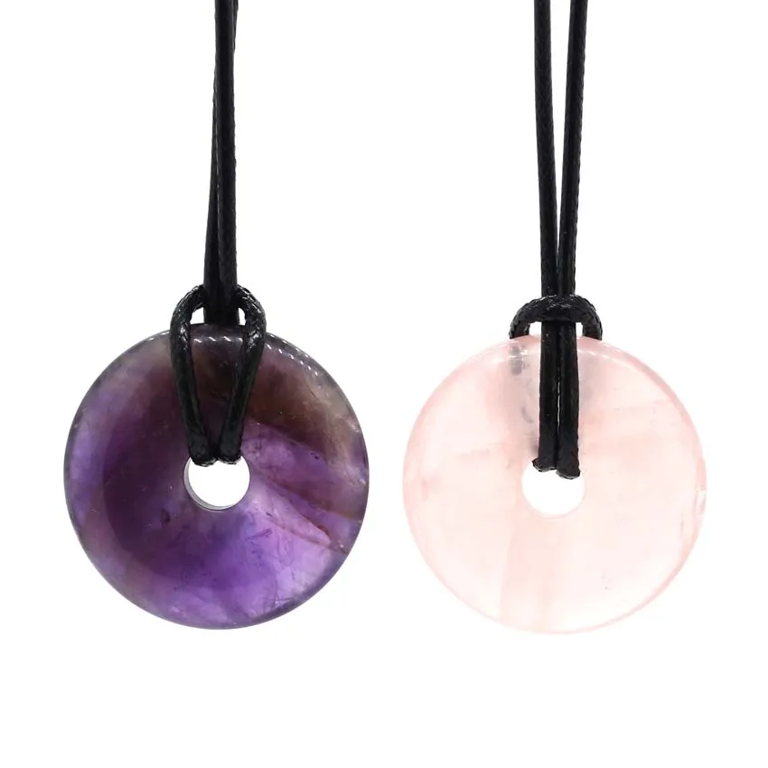 30mm Donut Crystal Stone Pendant Necklace For Women Natural Amethyst Rose Quartz Lapis Lazuli Pendants Adjustable Man Jewellery