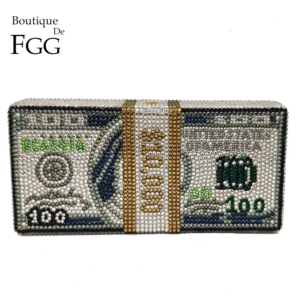 Boutique De FGG Hand-Made STACK OF CASH Dollar Women Money Bag Crystal Clutch Evening Bags Cocktail Dinner Purses and Handbags