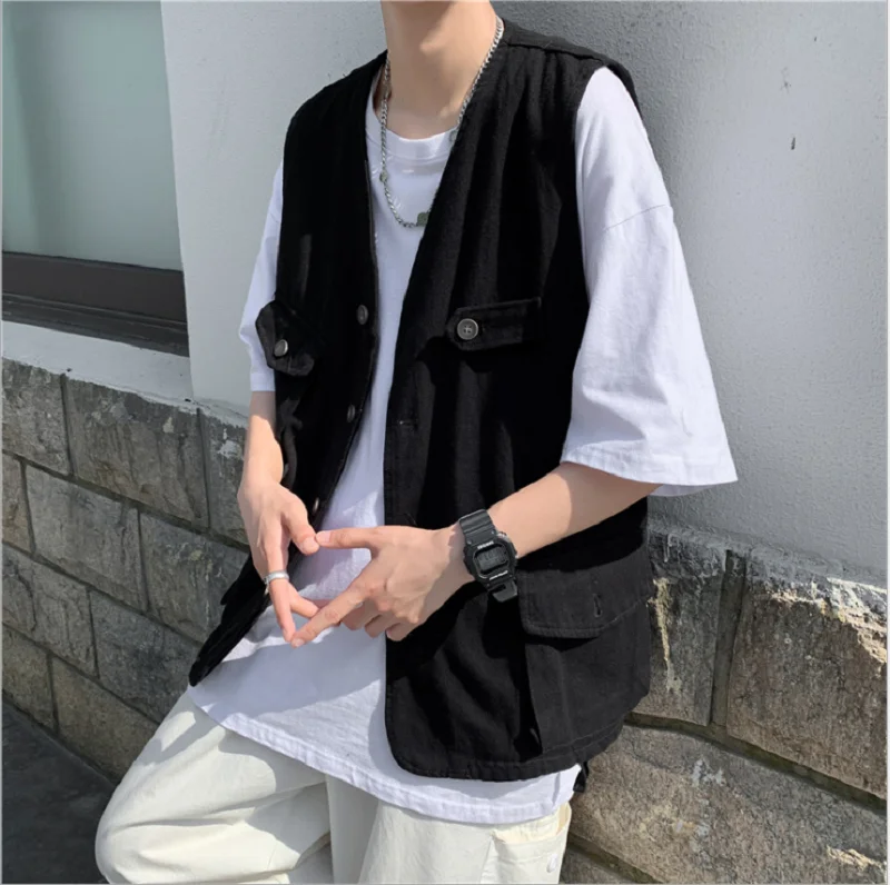 2021 Harajuku Mannen Mouwloze Schouder Vest Mannen Japanse Multi-Pocket Overjas Mannen Vest