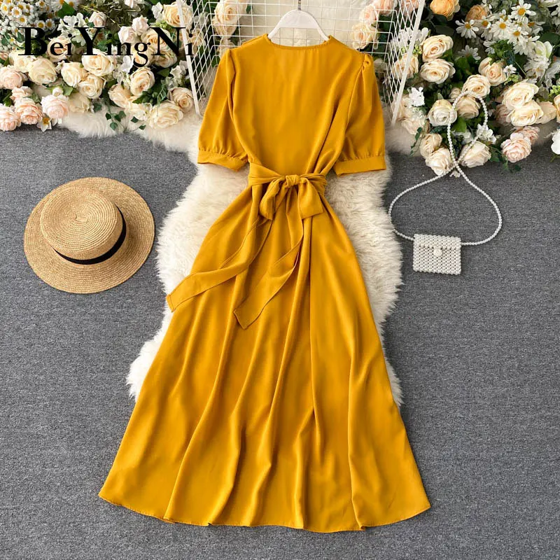 Beiyingni Women Summer Chiffon Dress Ruffles Solid Color Sashes Irregular Casual Korean Midi Dreses Short Sleeve Vintage Vestido