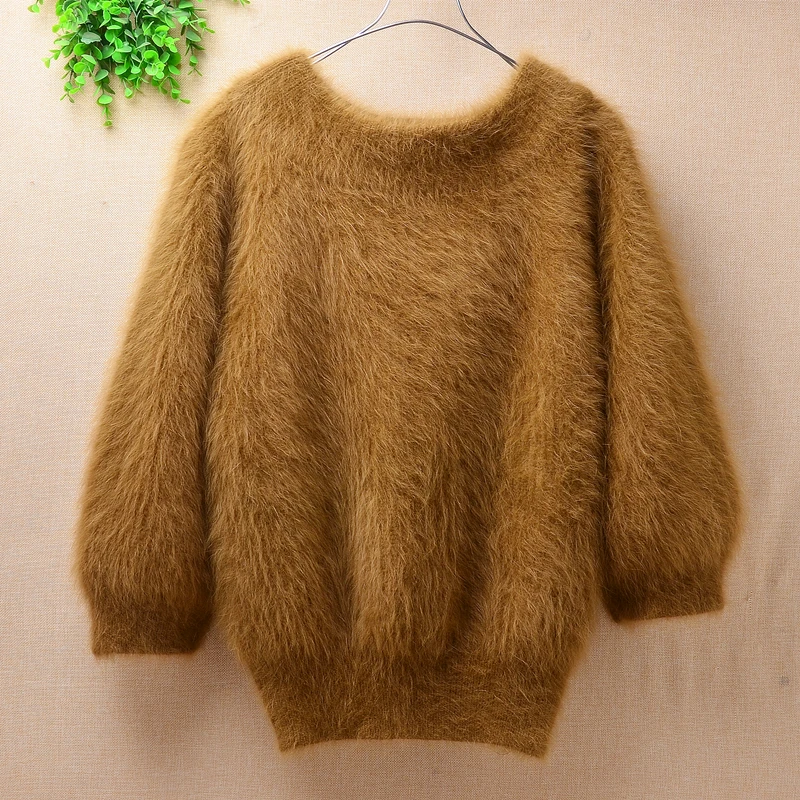 Korean women\'s short brown sweater Plush Angora rabbit hair knitted waist closed foam sleeve o-neck sable coarse pullover