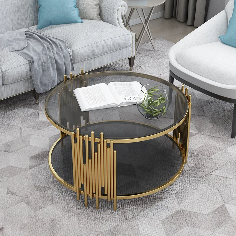 Luxury Round Coffee Table for Living Room Center Table Double Layer Table Top Marble Tempered Glass Optional