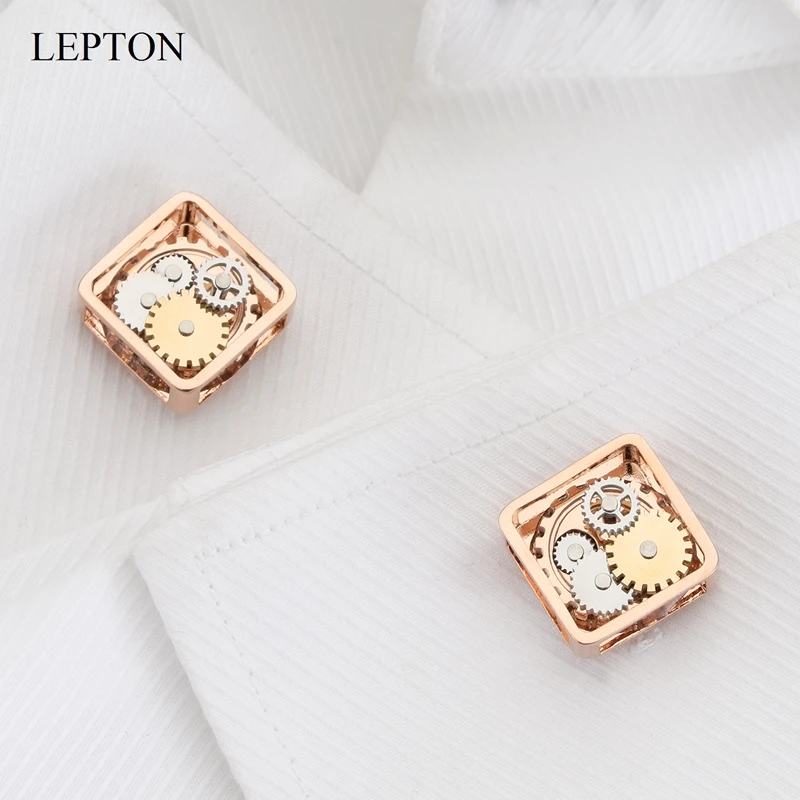 أزرار أكمام Steampunk Gear للرجال Lepton مربع لون ذهبي وردي آلية ساعة التروس أزرار أكمام قميص رجالي أزرار أكمام أفضل هدية