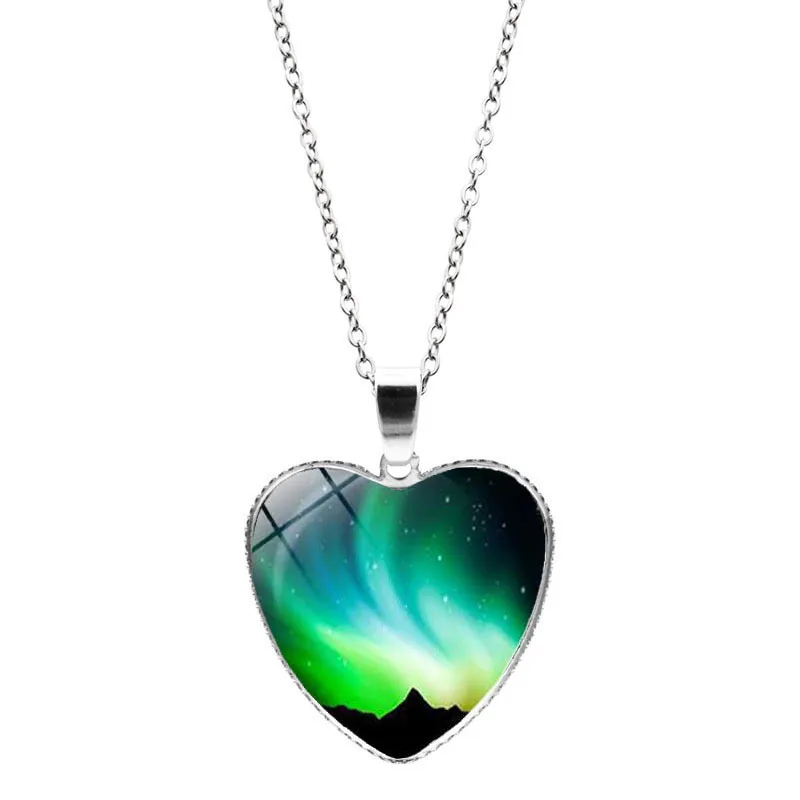 Northern Lights Jewelry Charm Aurora Borealis Glass Art Pictures Heart Pendant Fashion Necklace for Men Women