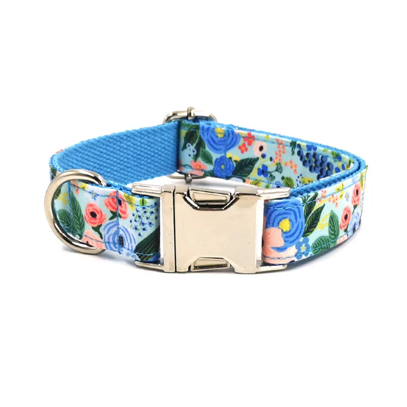 Pet Collars for Dogs Laser Engraving Customized Name Dog Collar Adjustable Durable Bow Tie Dog Collar and Leash Set Blue Floral