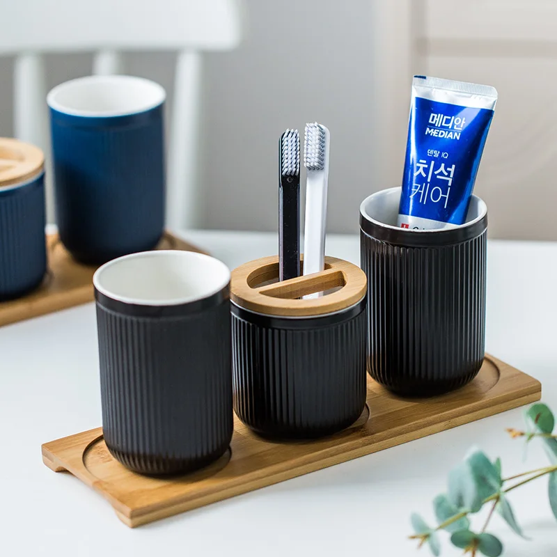 Ceramics Creative Bathroom Suite White/Black/Blue Toothbrush Cup Toothbrush Holder Tray 4-piece Set Creative Bathroom Supplies