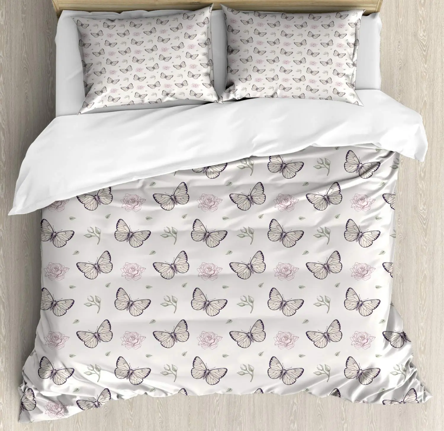 Entomology Duvet Cover Set Leaves Butterflies and Roses 3 Piece Bedding Set Pale Eggshell Pale Sage Green Pale Pink and Champagn