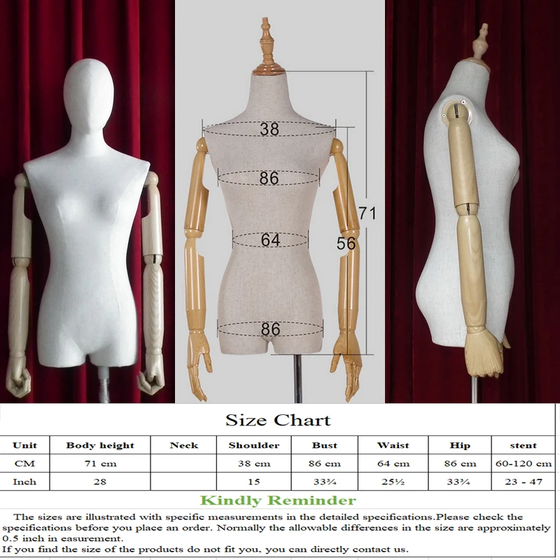 With wood arm Fabric Body dress show linen mannequin FRP material women clothes Half-body window display dummy with wooden base