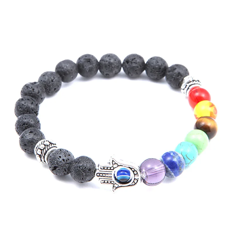 Natural Black Lava Stone 7 Chakra Beads Bracelet for Men Women Stretch Fatima Hamsa Hand Charm Blue Eye Bracelet Lucky Jewelry