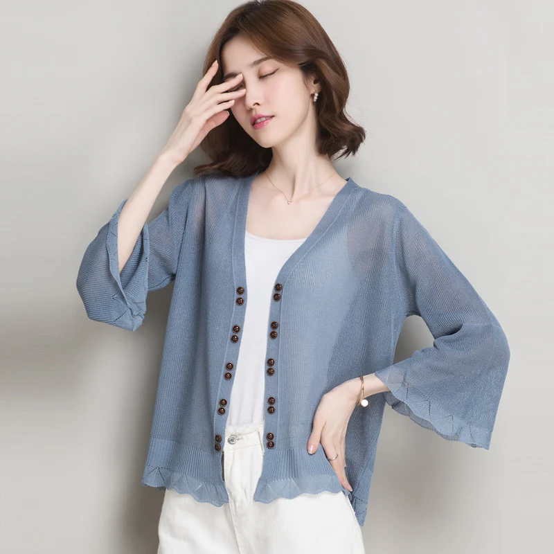 Women Knitwear Summer Hollow Thin Knit Cardigan Elegant V-Neck See Through Knit Outwear Sun Protection Knit Coat