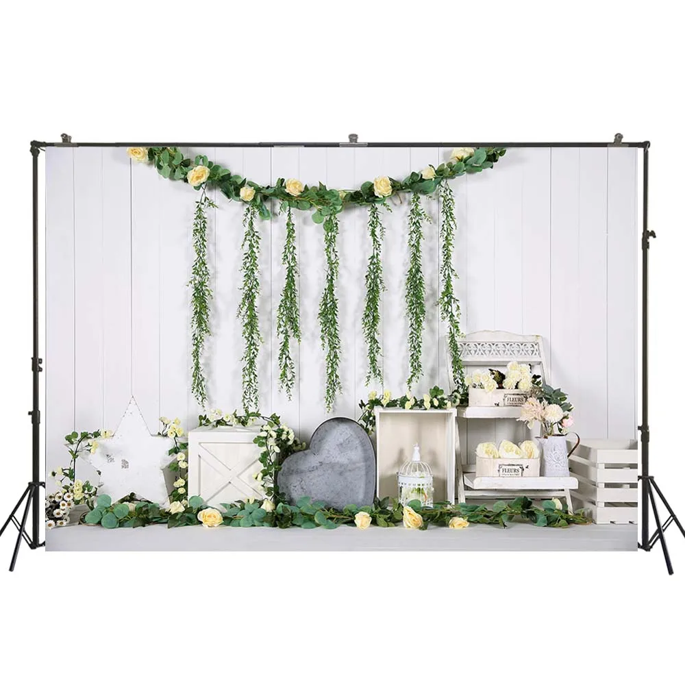 Flower Photography Backdrop White Wood Wall Spring Floral Background Children Newborn Birthday Decorations Studio Props W-4342