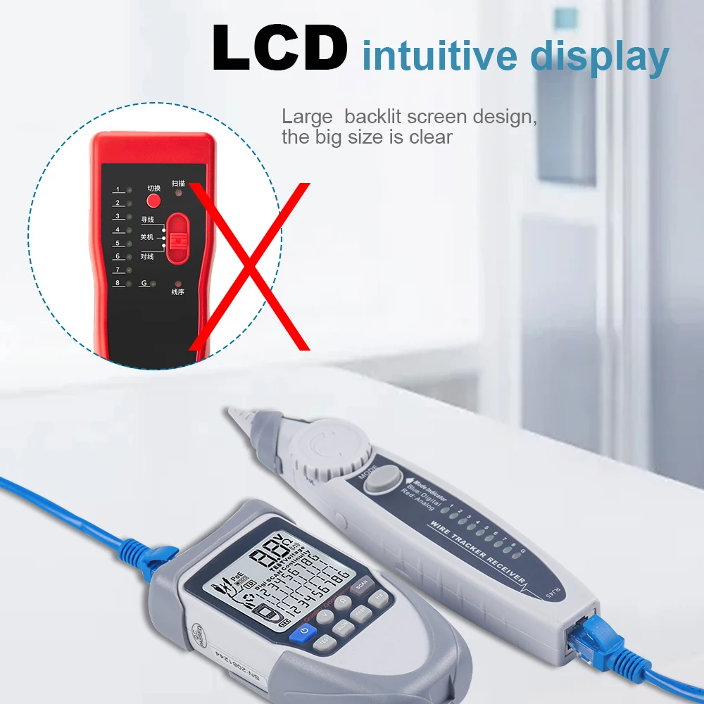 Handheld Network Cable Tester LCD Large Screen Display Digital Wire Trackers Continuity Voltage Polarity Checking POE Test