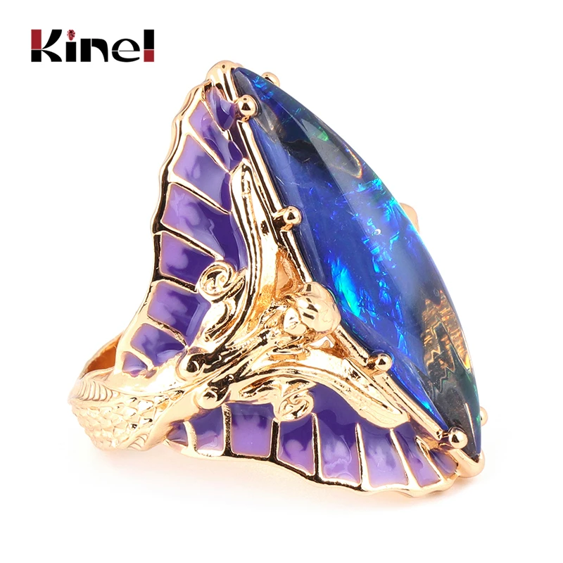 Kinel Hot Purple Enamel Colorful Stone Big Ring For Women Fashion Gold Mermaid Queen Ring Engagement Party Jewelry Drop Shipping