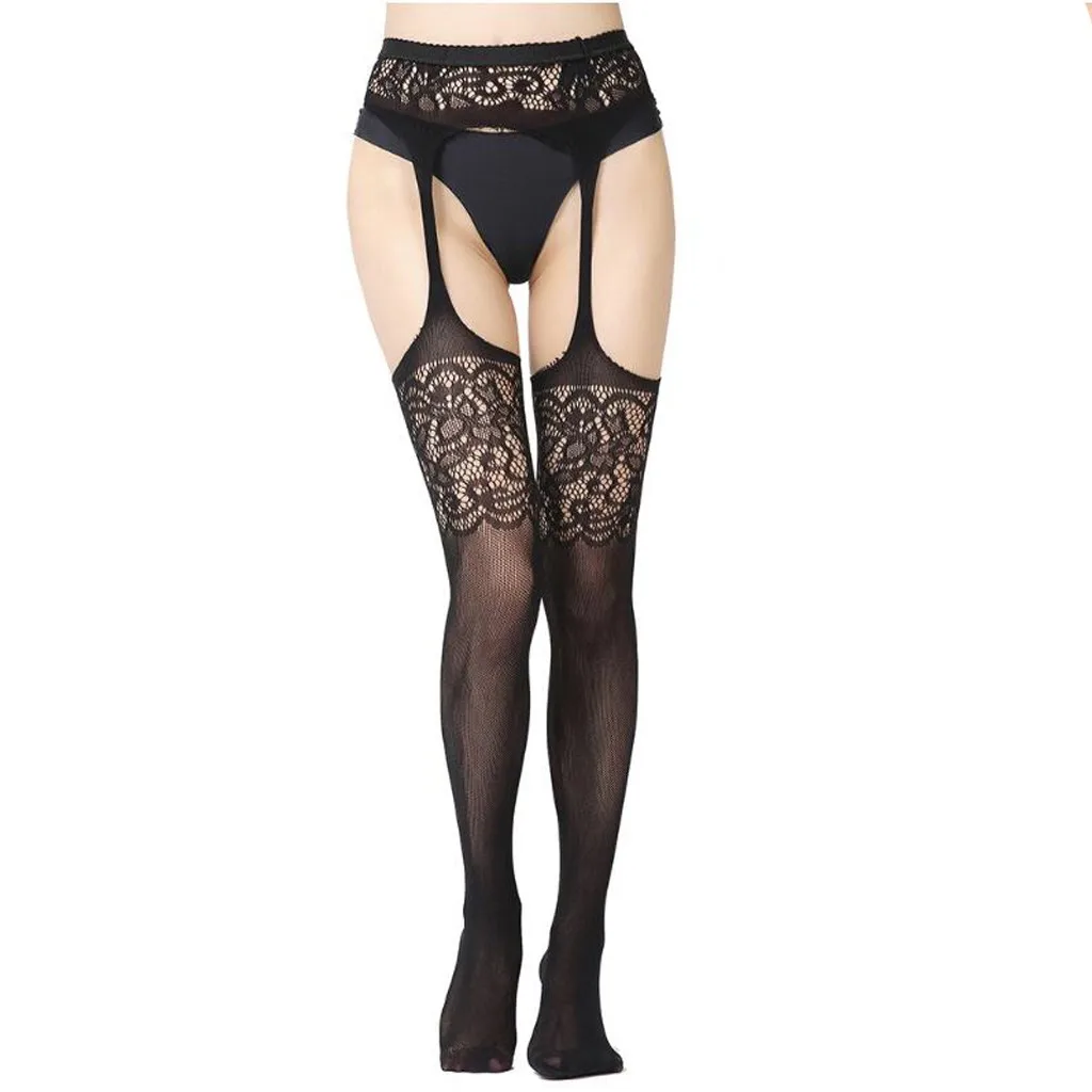 Women Black Stockings With Belt Set High Fishnet Tights Erotic Lingerie Sexy Pantyhose Floral Print Long Mesh Lace Stocking