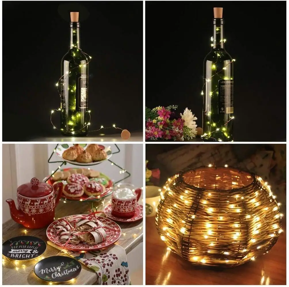 Botella de corcho de luz de hadas, lámpara de cadena de decoración interior, recargable por USB, para dormitorio, fiesta en casa, boda, Navidad, 2m, 20 LED