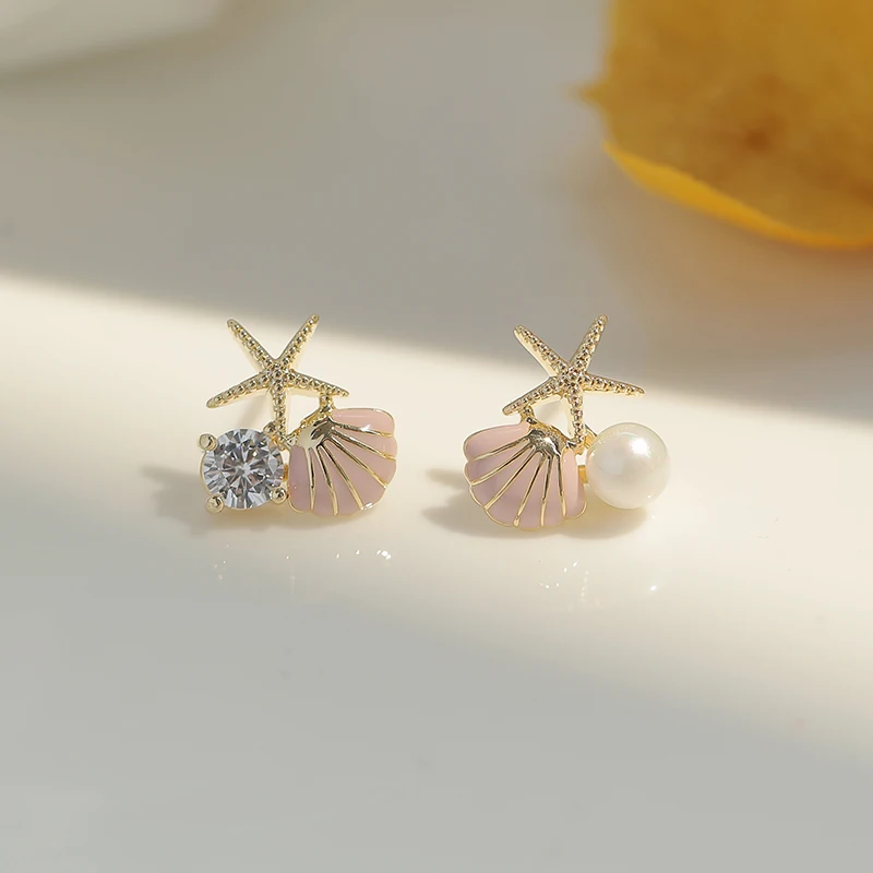 Starfish Shell Stud Earrings for Women Small Cute Earrings with Imitation Pearl Fashion Banquet Wedding Jewelry