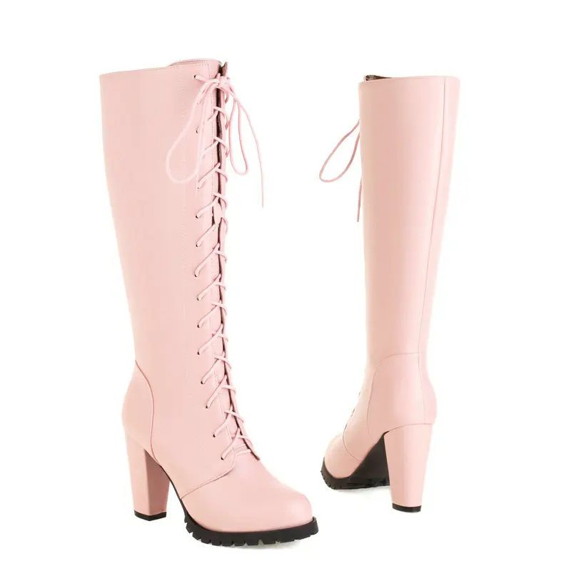 Plus Size 43 Women Knee High Boots Square High Heel Round Toe Ladies Calf Boots PU Leather Cross Tied Women\'s Boots Black Pink