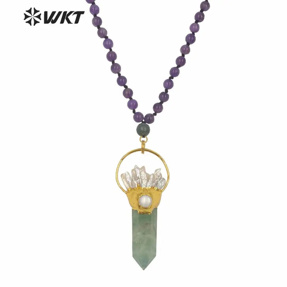 

WT-N1246 Wholesale Fashion Gold Electroplated Spirit Quartz Point Fluorite Big Pendant Necklace Women Long Purple Beads