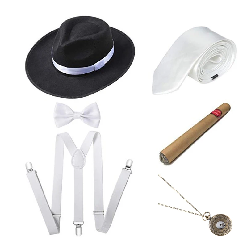 1920S Mens Great Gatsby Accessories Set Roaring 20s 30s Retro Gangster Costume tie hat