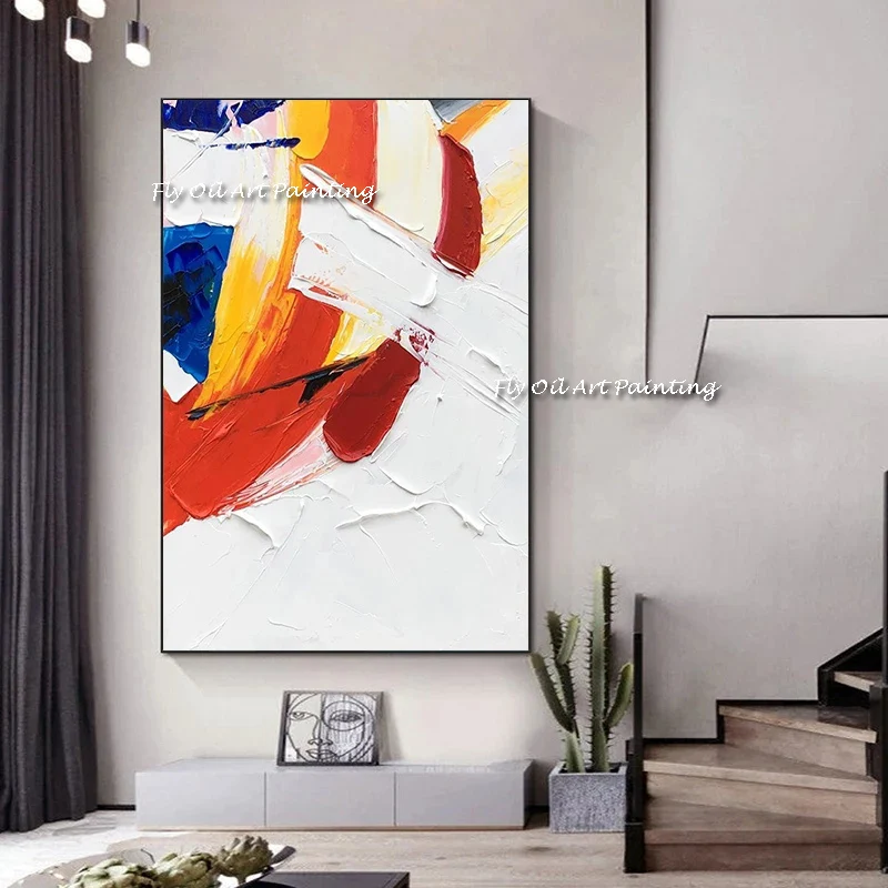 

Handmade Modern Orange White Textured large abstract oil painting on canvas large painting colorful landscape painting for hotel