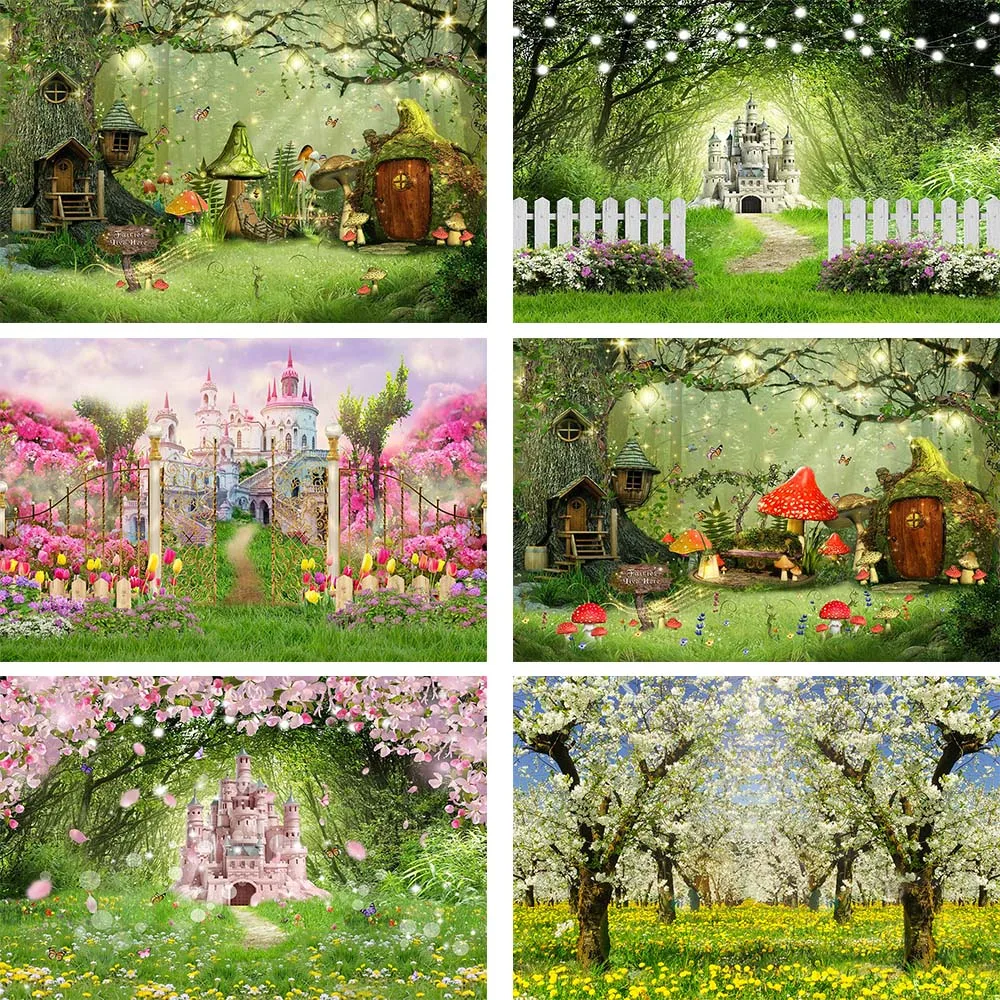 Spring Scenery Photography Backdrops Fairy Forest Castle Grassland Newborn Portrait Photocall Flower Photo Background Decoration