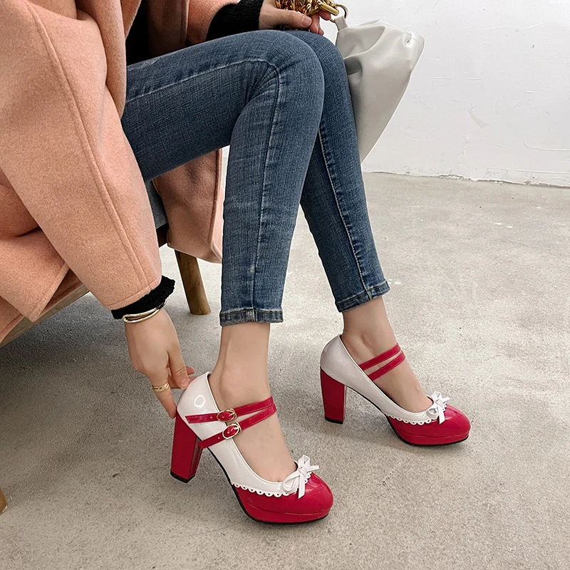 2024 Spring Ankle Straps Platform High Heels Sexy Shoes Womens Heels Round Toe Black White Pink Yellow Purple Party Office Pumps