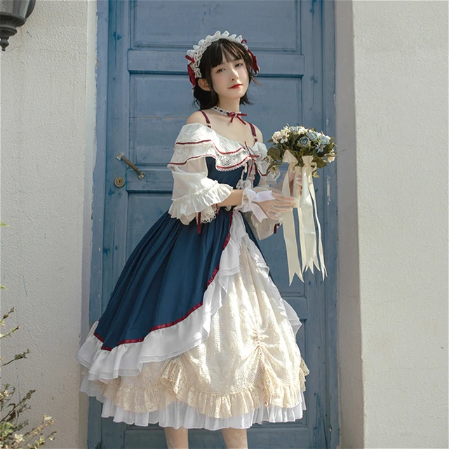 Double Lace O neck Long Sleeve Lolita Dress Vintage Medieval Anime Female Cute Dress Lolita Bowknot Three layer Big Swing Op AliExpress