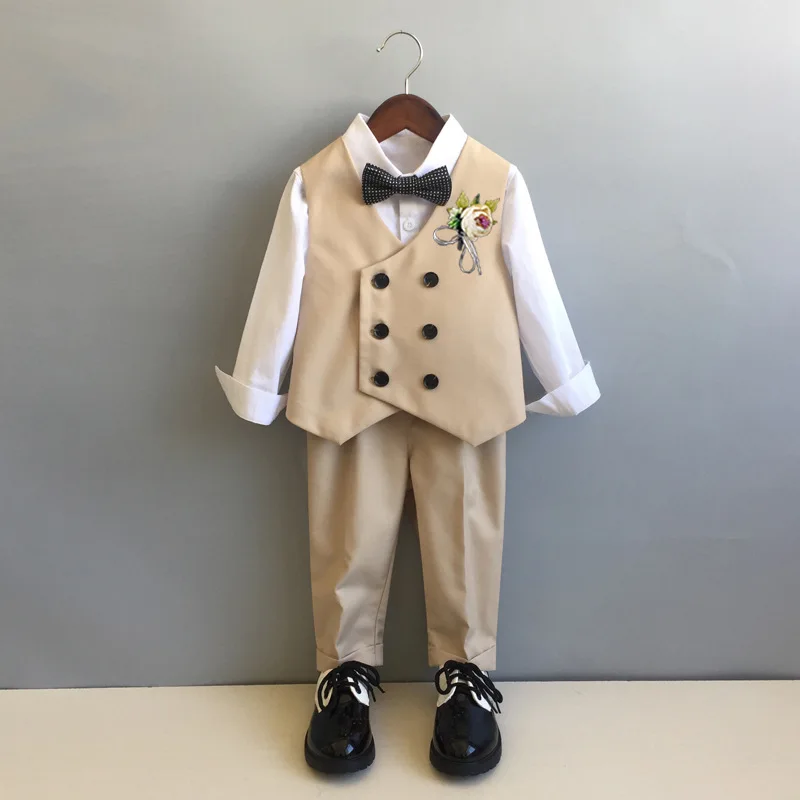 

Flower Boys Wedding Party Baby's First Birthday Suit Set Children Double Breasted Vest Pants Bowtie Outfits Kids Piano Clothing