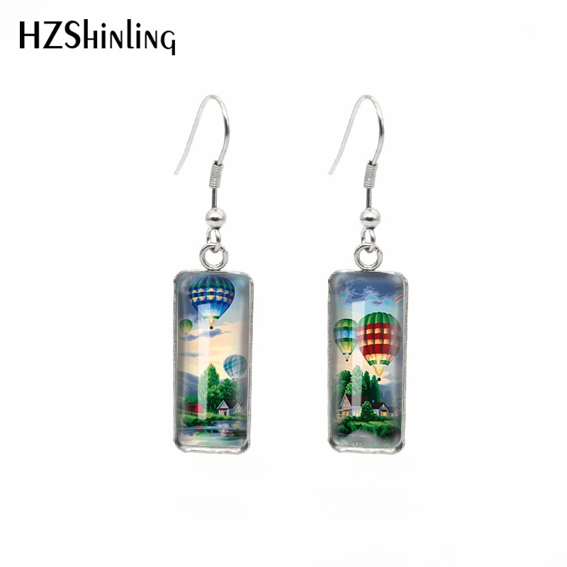 2021 New Hot Air Balloons Rectangular Earring Travel Art Fish Hook Earrings Glass Cabochon Handmade Jewelry