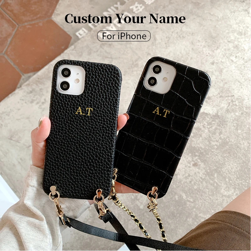 Leather Phone Case with Customized Letter and Engraved Name for iPhone 16 15 14 13 12 11ProMax 16Plus Crossbody Lanyard Cover