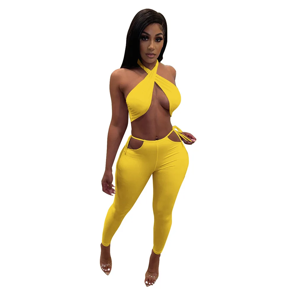 Sexy Summer Two Piece Set Women Solid Cross Halter Backless Bra Tank Tops Legging Pant Party Club Matching Set Outfit Tracksuit