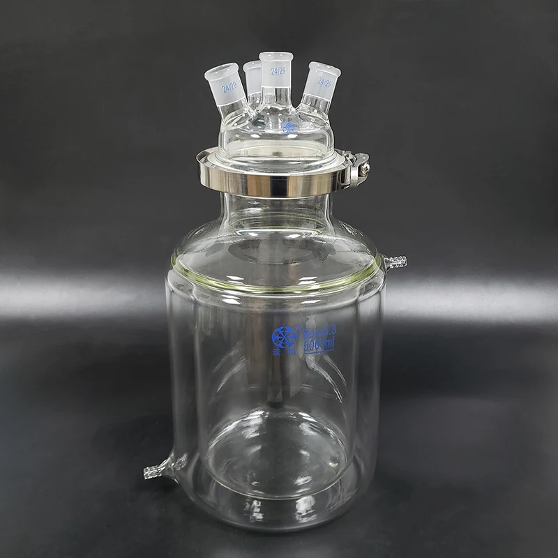 

Double-layer cylindrical flat bottom open reactor bottle 1000mL-5000mL-20000mL,Flange,Stainless clip,Cover with 4 joints 24/29