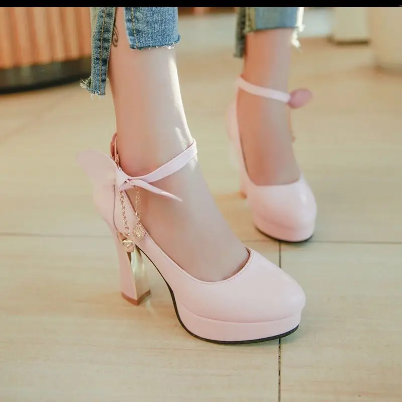 Thick platform high heels lolita shoes bow female shoe heels women\'s shoes heel thick crust Pink female shoes woman party