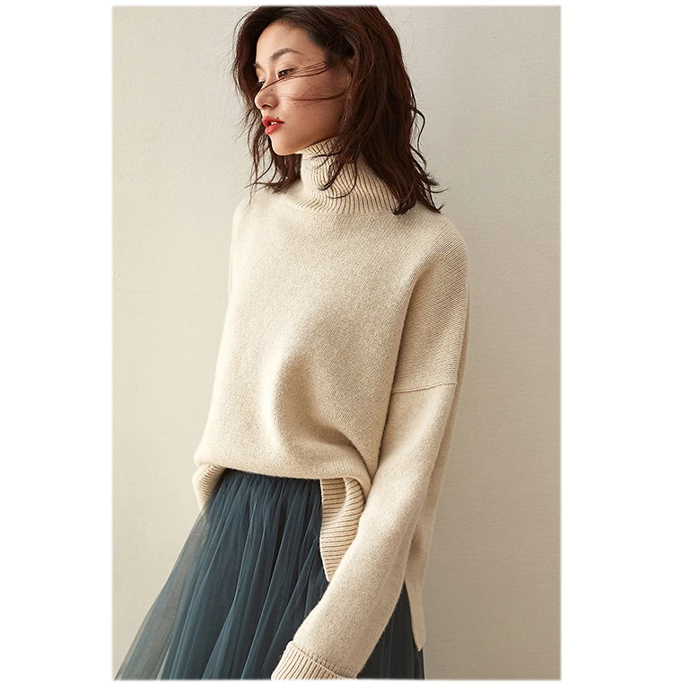 Autumn and winter new turtleneck cashmere sweater women 100% wool knitted sweater long sleeve thick lazy wind sweater loose larg