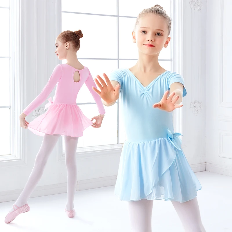 Girls Ballet Dance Leotards Kids Bowknot Ballet Dress Short Sleeve Gymnastics Leotard With Chiffon Skirt Cute Pink Blue Bodysuit