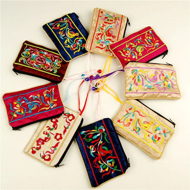 10pcs Bells Chinese Ethnic Embroidery Small Satin Gift Pouch Zipper Case Party Favor Coin Purse Credit Card Holder Packaging Bag